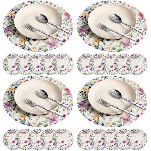 Round linen floral placemats - linen,